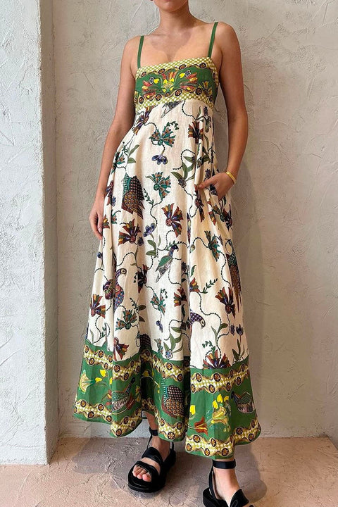 Unique Birdie Print Pocketed Swing Maxi Dress