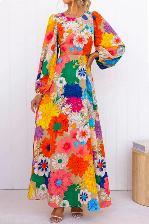 Chic Long Sleeve Cutout Back Waist Floral Print Maxi Dress