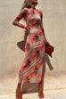 Chic Long Sleeve Ruched Side Slit Tie Dye Maxi Dress