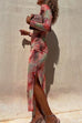 Chic Long Sleeve Ruched Side Slit Tie Dye Maxi Dress