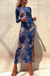 Chic Long Sleeve Ruched Side Slit Tie Dye Maxi Dress