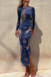 Chic Long Sleeve Ruched Side Slit Tie Dye Maxi Dress