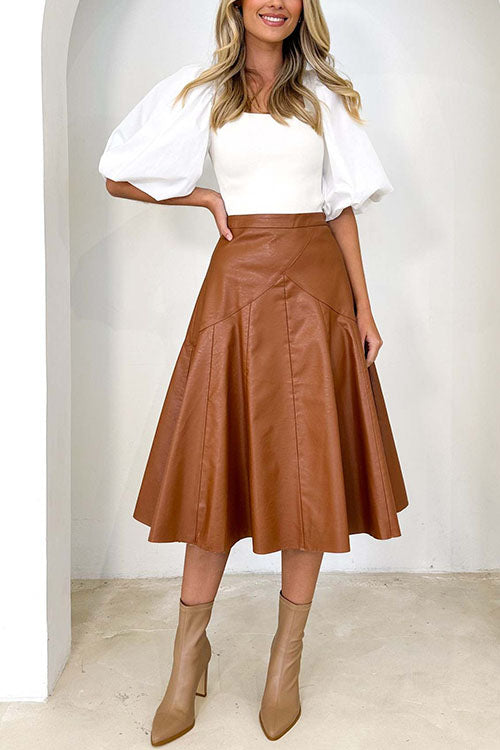 Meridress High Waist Faux Leather A-line Flare Midi Skirt