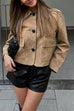 Meridress Lapel Button Up Pocketed Faux Suede Crop Jacket