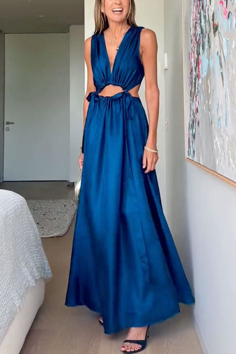 Deep V Neck Drawstring Cut Out Sleeveless Maxi Dress