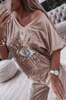 Meridress Sequin Pattern V Neck Short Sleeve Top with Pocketed Pants Casual Set