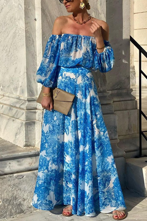 Meridress Off Shoulder Lantern Sleeves Printed Flowy Maxi Dress