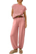 Meridress Short Sleeves Ribbed Knit Pullover Ruched Harem Pants Set