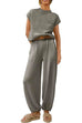 Meridress Short Sleeves Ribbed Knit Pullover Ruched Harem Pants Set