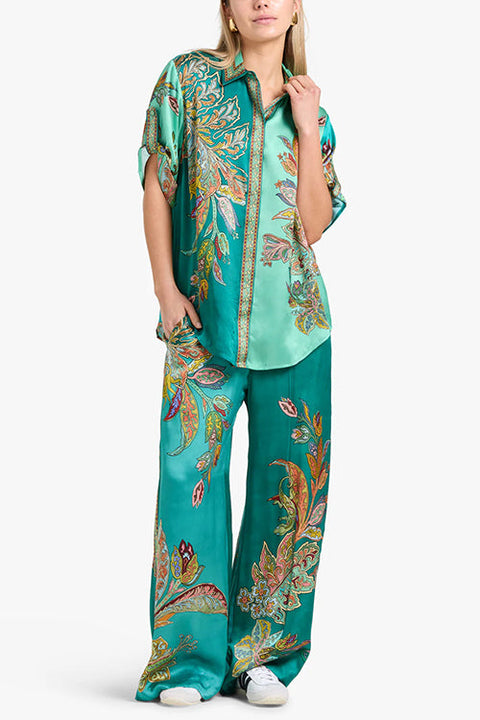 Meridress Roll Up Short Sleeves Shirt and Wide Leg Pants Printed Satin Set