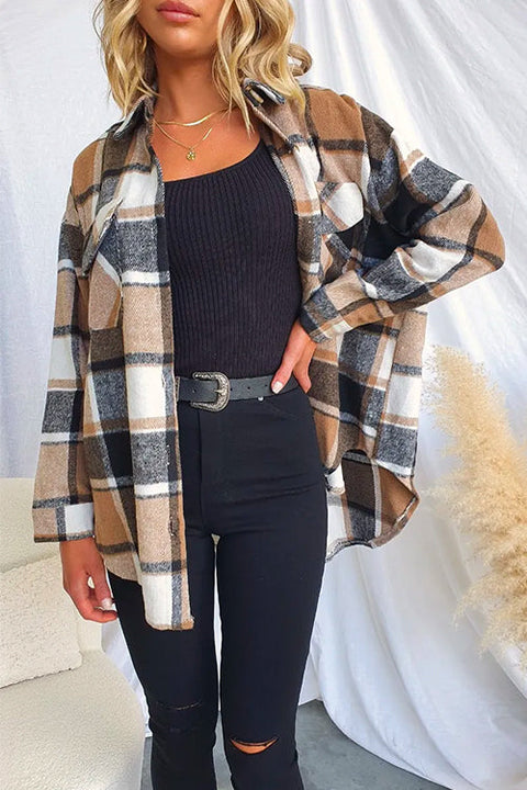 Meridress Lapel Button Down Pockets Plaid Shacket Coat