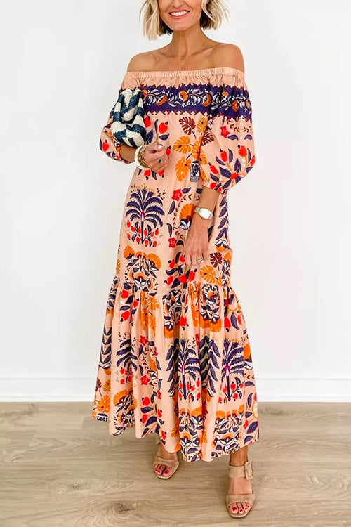 Meridress Off Shoulder Lantern Sleeves Printed Ruffle Maxi Dress