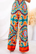 Drawstring Waist Wide Leg Color Block Print Pants