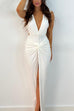 Meridress Deep V Neck Backless Ruched Twist Front Slit Maxi Dress