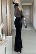 Meridress Feather Cuffs Bell Bottom Velvet Splice Jumpsuit