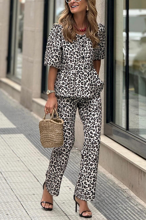 Meridress Half Sleeves Button Up Ruffle Shirt and Straight Leg Pants Leopard Set