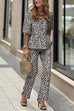 Meridress Half Sleeves Button Up Ruffle Shirt and Straight Leg Pants Leopard Set