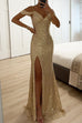 Meridress V Neck Cold Shoulder High Slit Sequin Maxi Prom Dresses