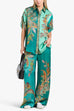 Meridress Roll Up Short Sleeves Shirt and Wide Leg Pants Printed Satin Set