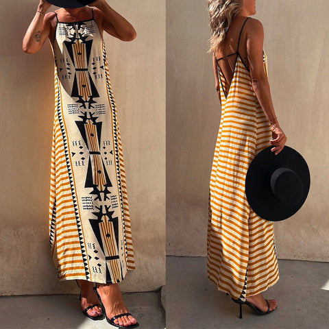 Meridress Stripes Splice Backless Ethnic Printed Maxi Cami Dress