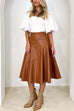 Meridress High Waist Faux Leather A-line Flare Midi Skirt