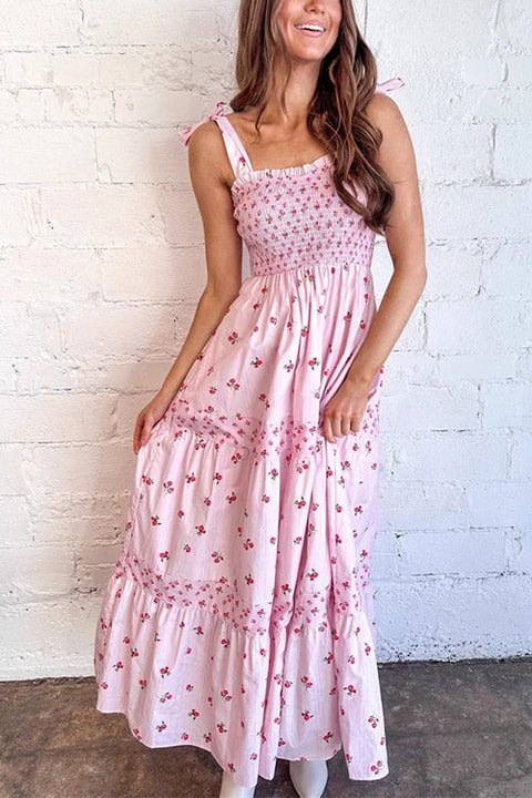 Meridress Tie Shoulder Splice Floral Print Ruffle Maxi Cami Dress