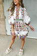 Meridress Lantern Sleeves Button Up Waisted Bohemia Print Mini Dress