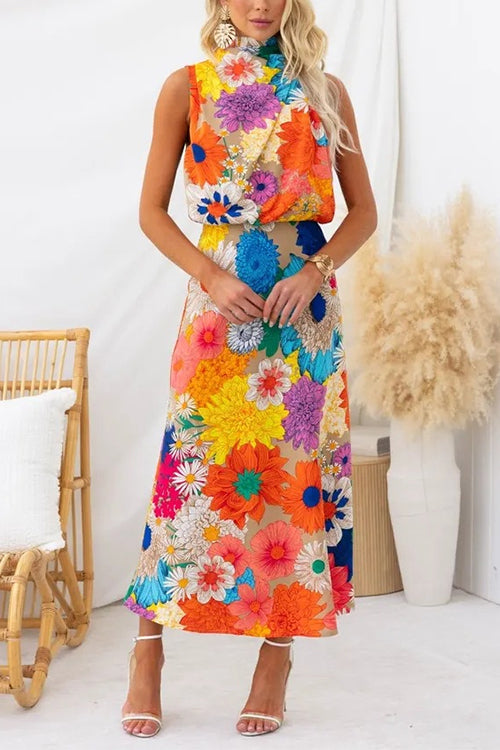 Meridress Sleeveless Tie Neck Waisted Floral Print Maxi Dress