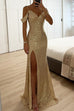 Meridress V Neck Cold Shoulder High Slit Sequin Maxi Prom Dresses