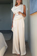 Asymmetric Shoulder Pullover Top and Elastic Waist Wide Leg Pants Set