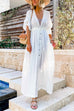 Deep V Neck Drawstring Waist Button Down Maxi Beach Cover Up Dress