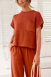 Meridress Short Sleeves Ribbed Knit Pullover Ruched Harem Pants Set