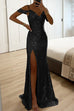 Meridress V Neck Cold Shoulder High Slit Sequin Maxi Prom Dresses