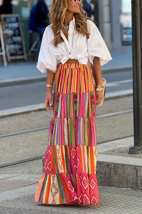 Meridress Elastic Waist Ruffle Tiered Color Block Printed Maxi Skirt