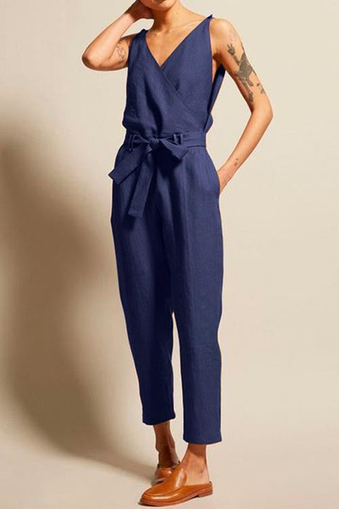 Meridress Casual V Neck Sleeveless Wrapped Jumpsuit