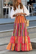 Meridress Elastic Waist Ruffle Tiered Color Block Printed Maxi Skirt