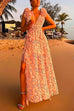 Meridress Deep V Neck Slit Ruffle Trim Floral Maxi Vacation Dress