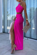 Meridress One Shoulder Sleeveless Cut Out Waist High Slit Maxi Dress