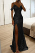 Meridress V Neck Cold Shoulder High Slit Sequin Maxi Prom Dresses