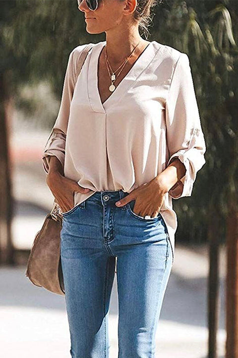 Meridress V Neck Roll Up Long Sleeves Blouse Shirt