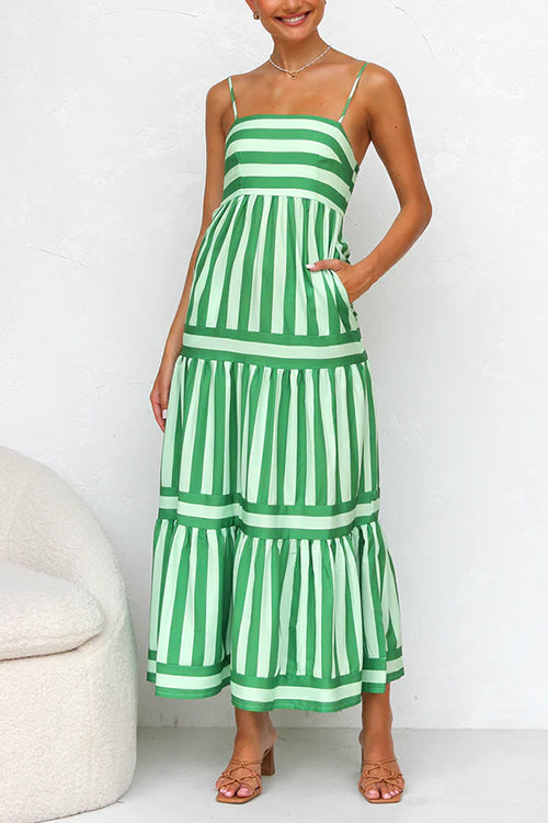 Meridress Spaghetti Strap Tiered Color Block Striped Maxi Dress