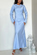 Meridress Round Neck Long Sleeves Satin Maxi Party Dress