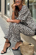 Meridress Half Sleeves Button Up Ruffle Shirt and Straight Leg Pants Leopard Set