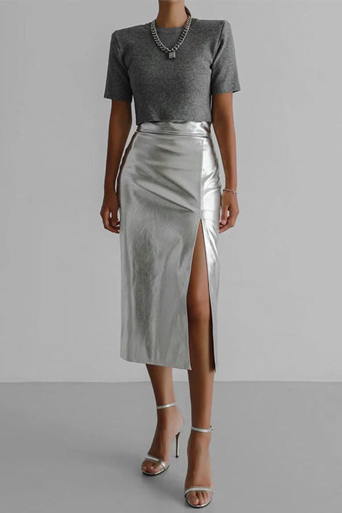 Meridress High Waist Slit Front Faux Leather Midi Skirt