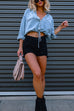 Meridress Long Sleeves Drawstring Hem Cropped Denim Shirt