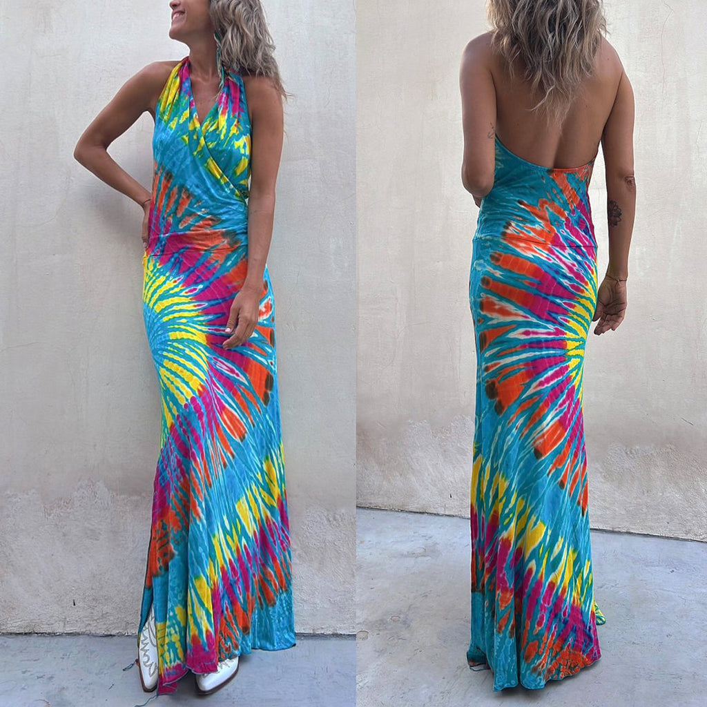 Meridress Sleeveless Halter Backless Maxi Tie Dye Dress