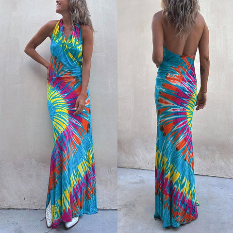 Meridress Sleeveless Halter Backless Maxi Tie Dye Dress