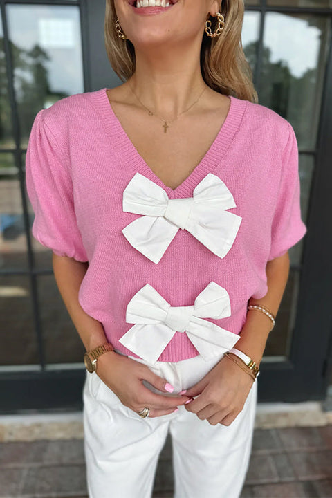 Meridress V Neck Short Sleeves Bow Knot Knit Top