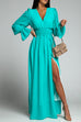 Meridress V Neck Long Sleeve Smocked Waist Maxi Slit Dress