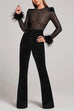 Meridress Feather Cuffs Bell Bottom Velvet Splice Jumpsuit